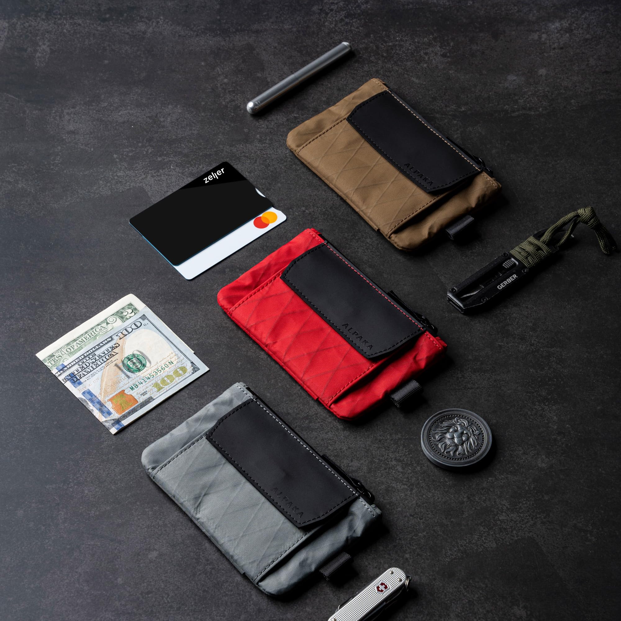 ALPAKA Zip Pouch Coin - Compact EDC Card Holder and Cash Wallet - RFID Blocking Minimalist Travel Wallet - Weatherproof True Red X-Pac VX21 Fabric - Image 5